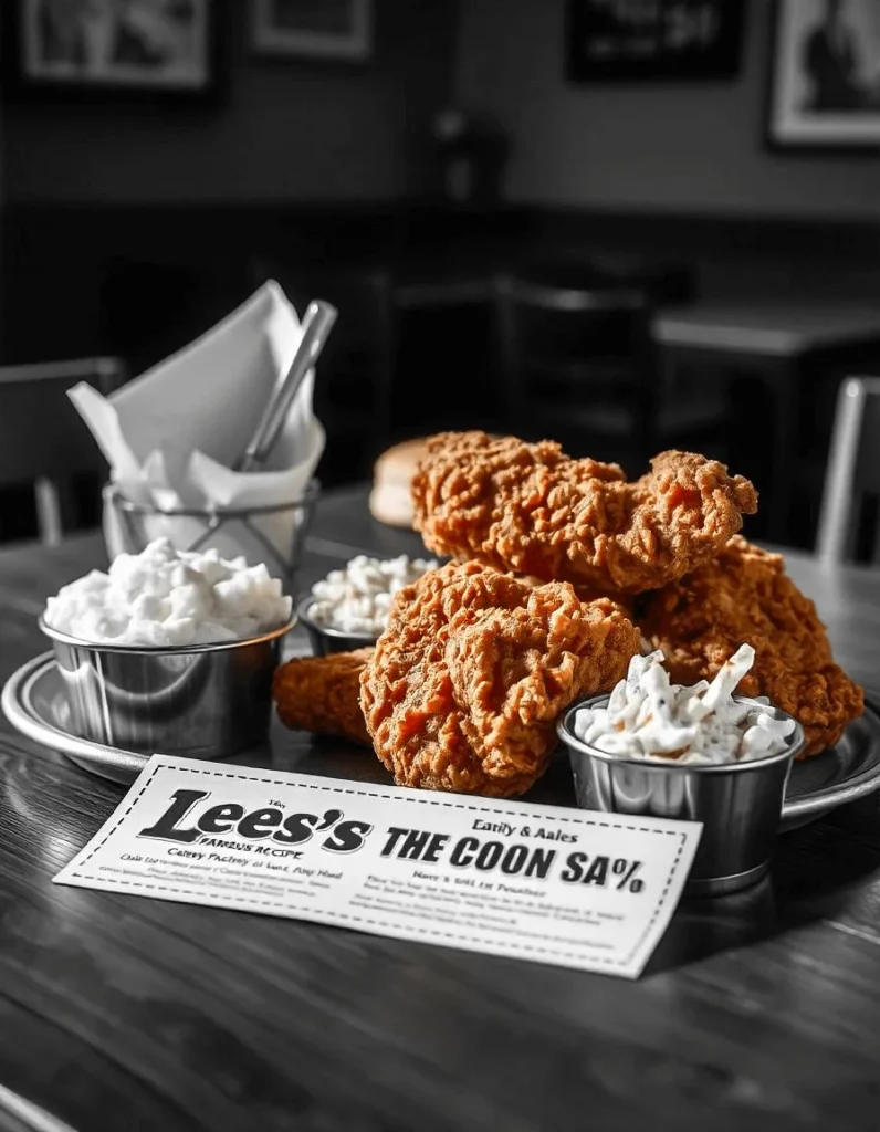 Golden fried chicken meal with a Lee's Famous Recipe Chicken coupon for savings