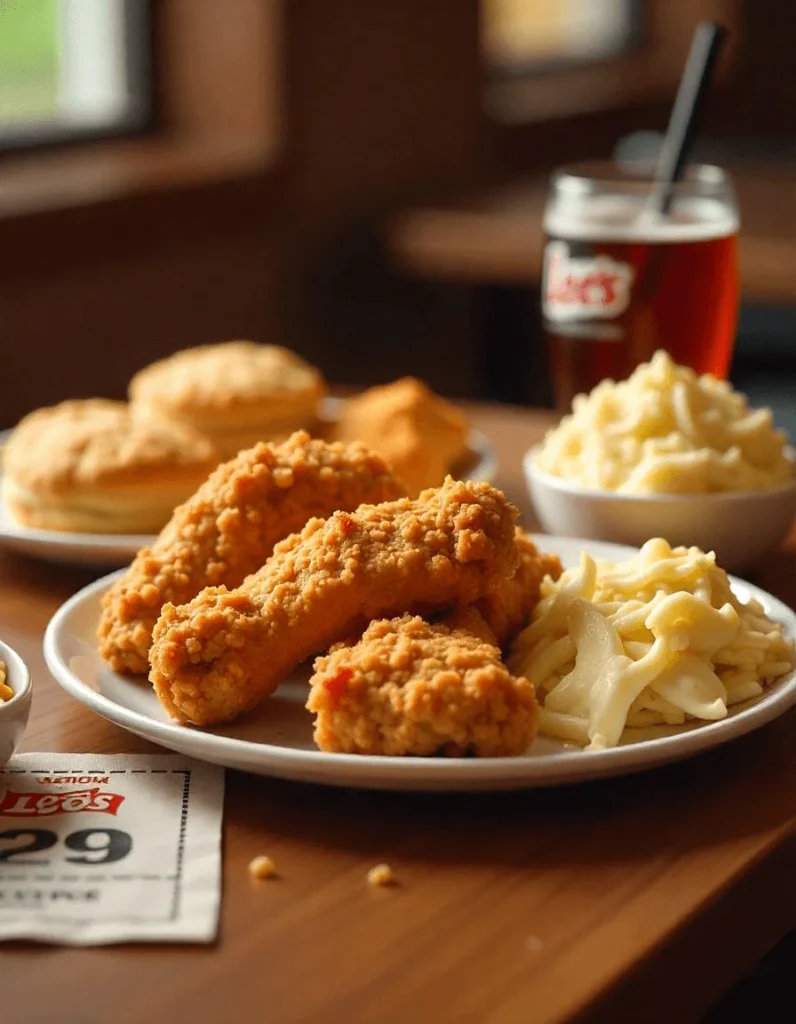 A happy family sharing a Lee's Famous Recipe Chicken meal with coupons