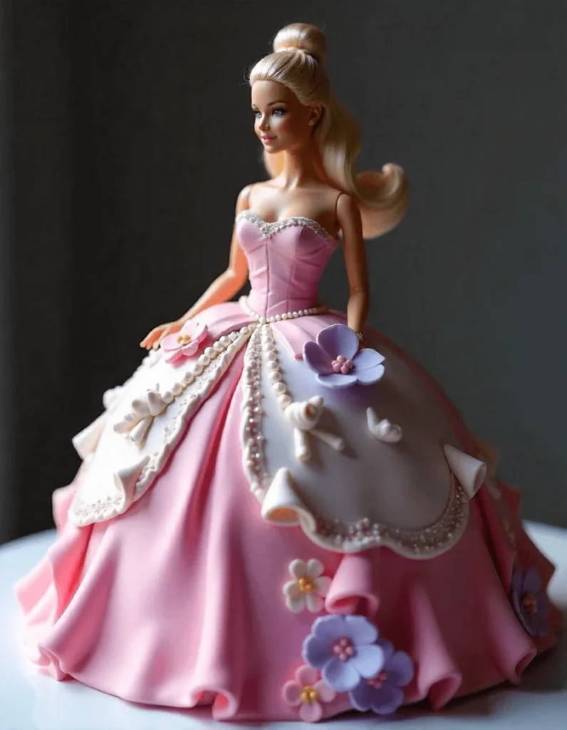 Doll positioned within a cake decorated with fondant details