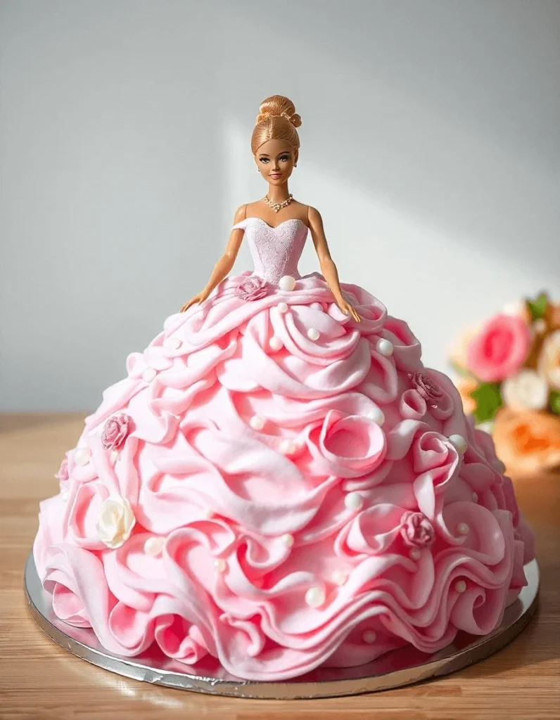 Elegant pink ruffle frosting on a layered cake