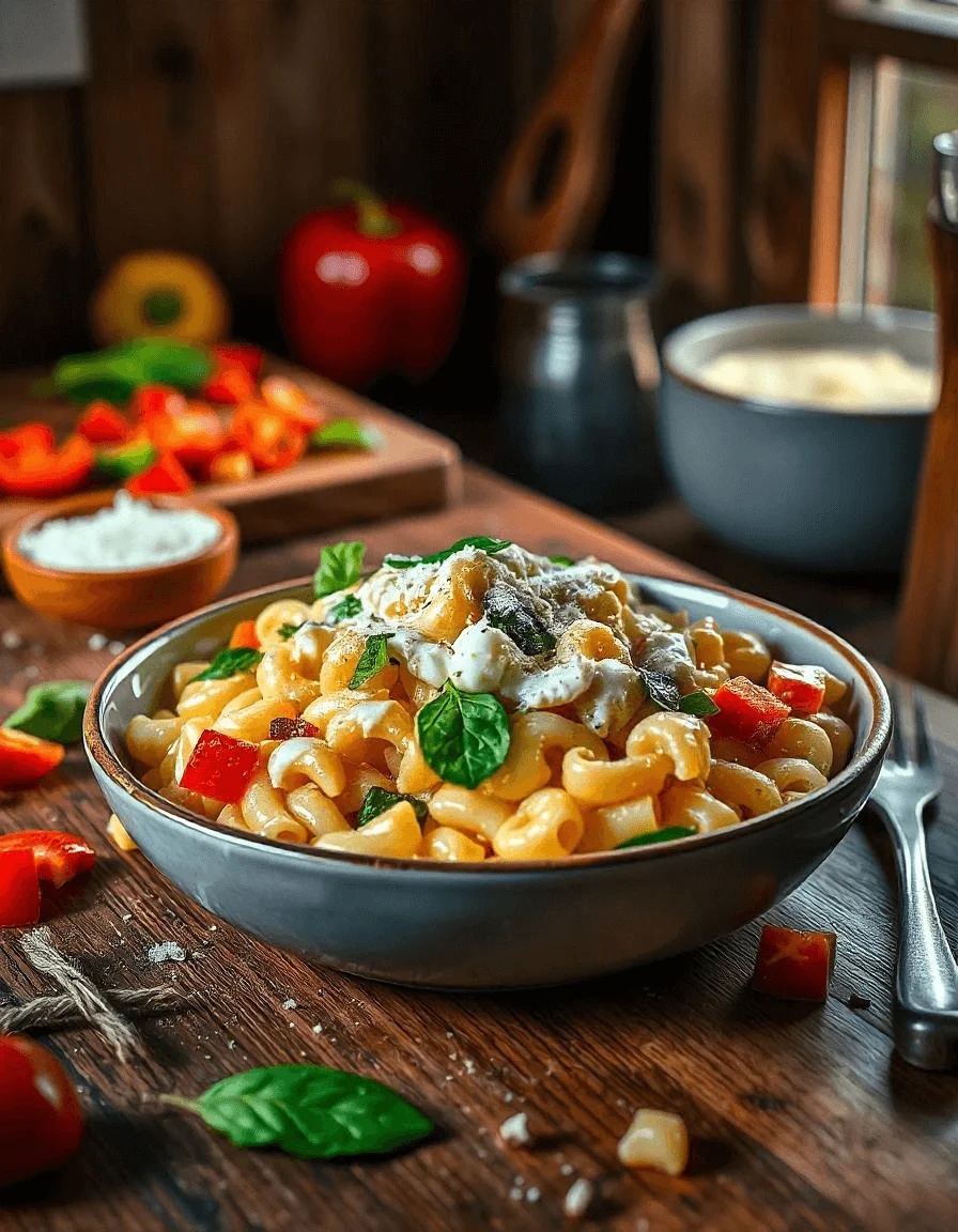 Hyper-realistic close-up of elbow pasta in creamy sauce, with fresh basil, tomatoes, and parmesan in a rustic kitchen setting