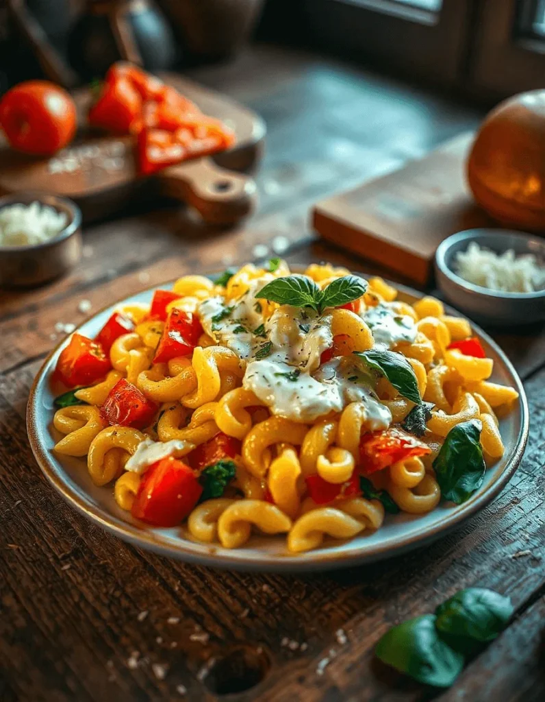 Rustic bowl of elbow pasta in creamy cheese sauce, with fresh veggies and a warm kitchen setting