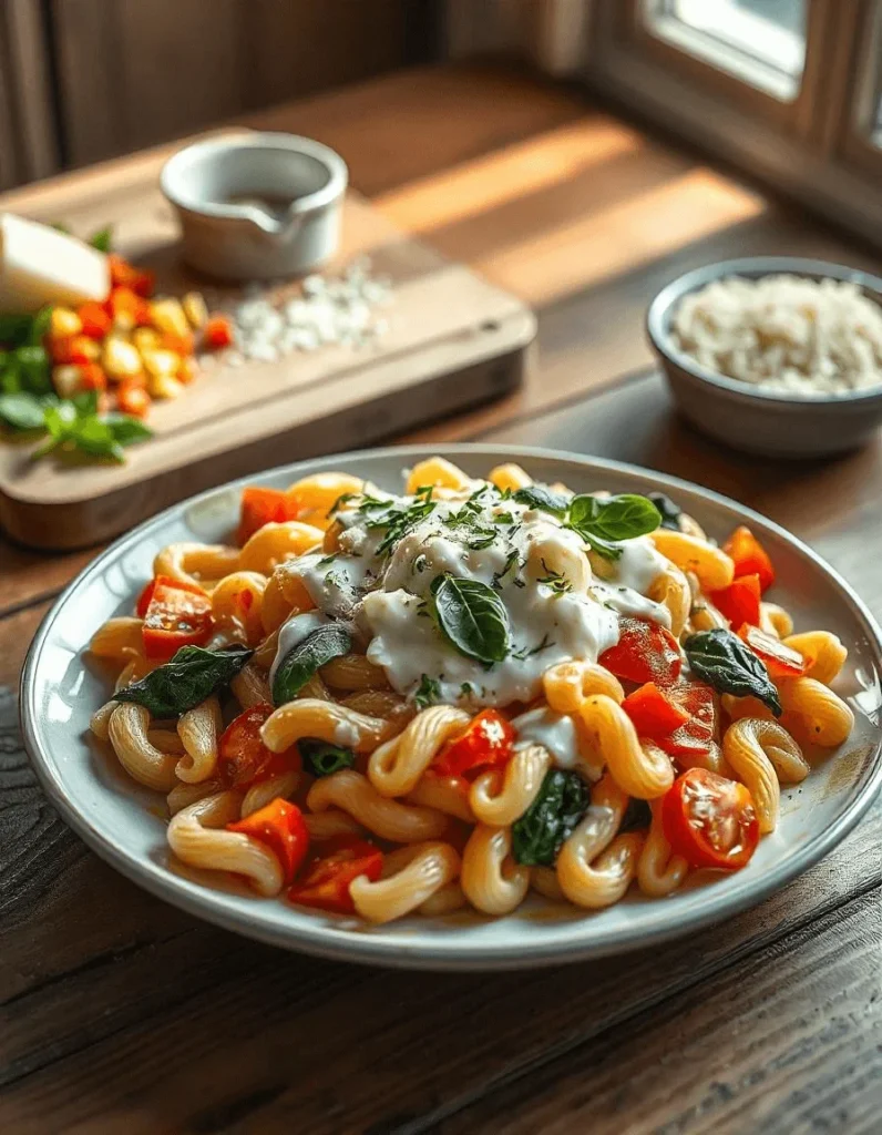 Elbow pasta with creamy cheese sauce, melted cheese, and fresh vegetables like basil and cherry tomatoes