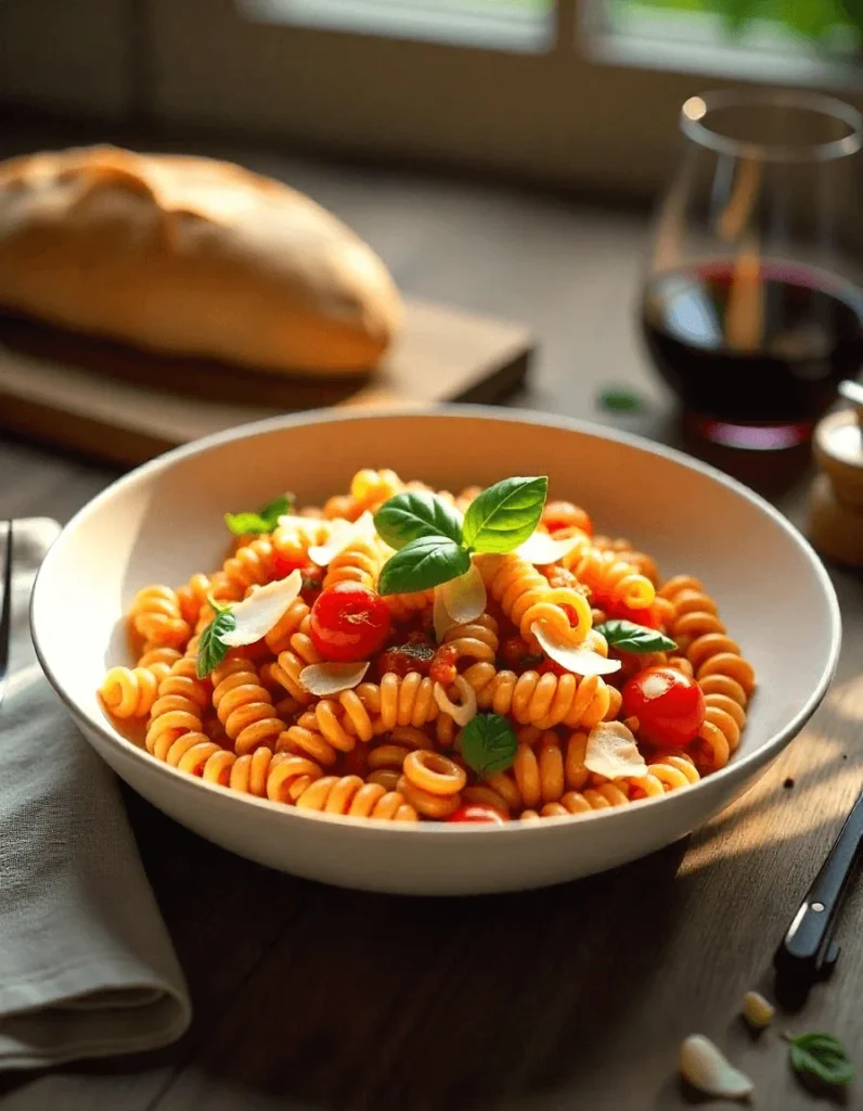 A vibrant rotini pasta salad, featuring fresh vegetables like cherry tomatoes and zucchini. A healthy and refreshing rotini pasta recipe.