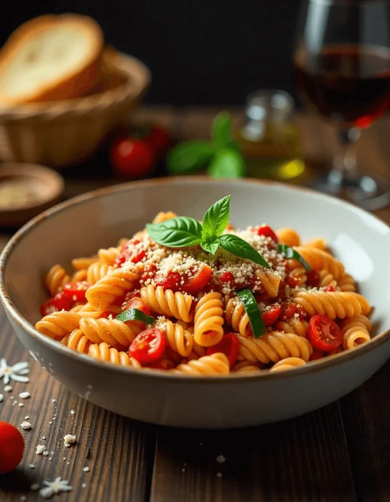 A cheesy baked rotini pasta dish with marinara sauce, an ultimate comfort food in a rotini pasta recipe.