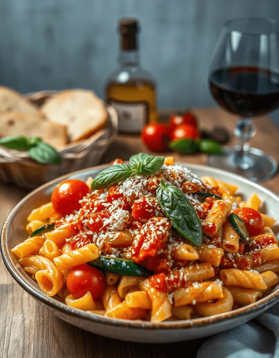 A bowl of rotini pasta served with marinara sauce and topped with fresh basil, a classic rotini pasta recipe.