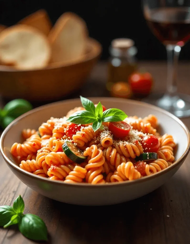 A plate of rotini pasta tossed in fresh basil pesto and Parmesan, offering a quick and easy rotini pasta recipe.