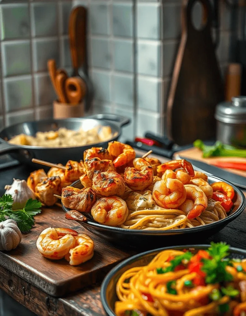 Creamy Alfredo pasta topped with chicken and shrimp, garnished with parsley