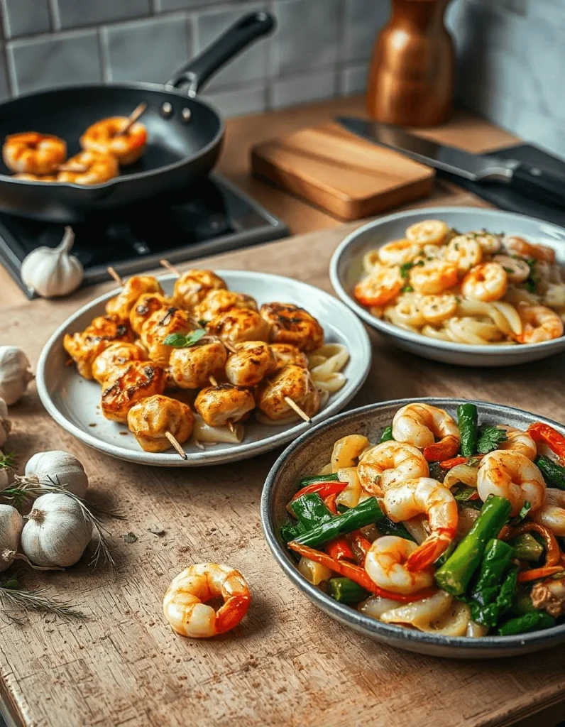 Cajun chicken and shrimp jambalaya in a cast-iron skillet