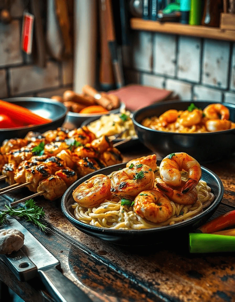 Delicious chicken and shrimp recipes, including skewers, Alfredo pasta, and stir-fry, presented in a vibrant, appetizing spread