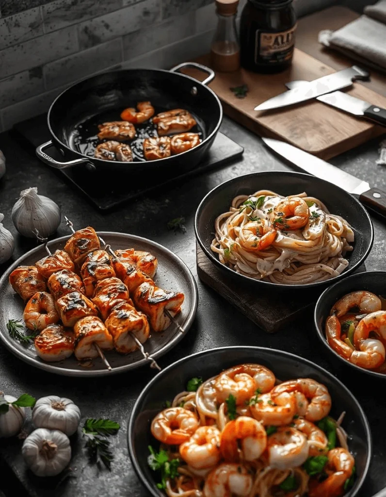 A gluten-free rice bowl topped with grilled chicken, shrimp, and fresh vegetables