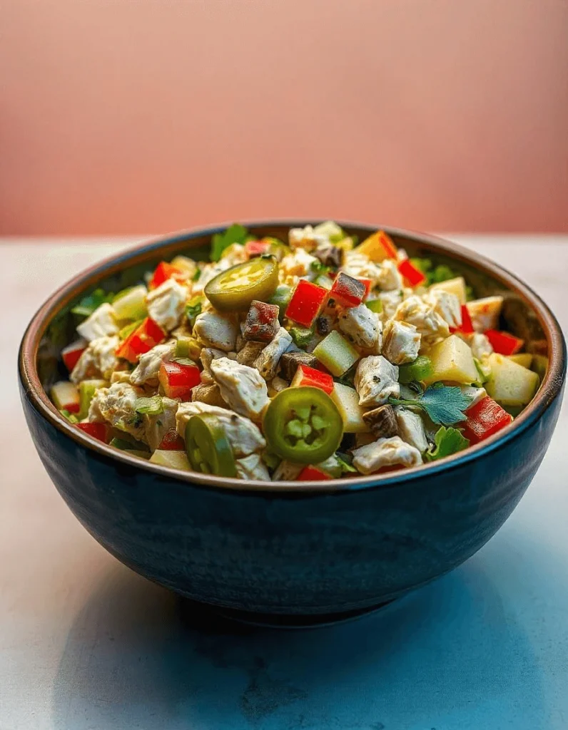 Healthy avocado chicken salad with fresh ingredients and a creamy dressing