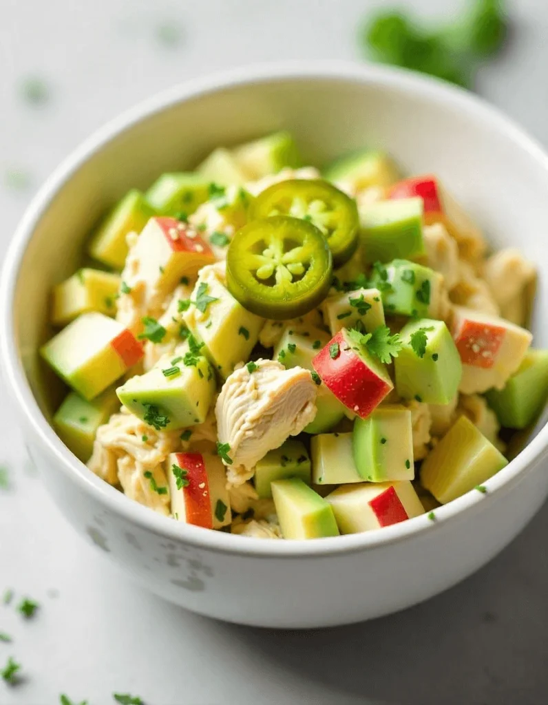 Spicy avocado chicken salad with jalapeños and fresh ingredients