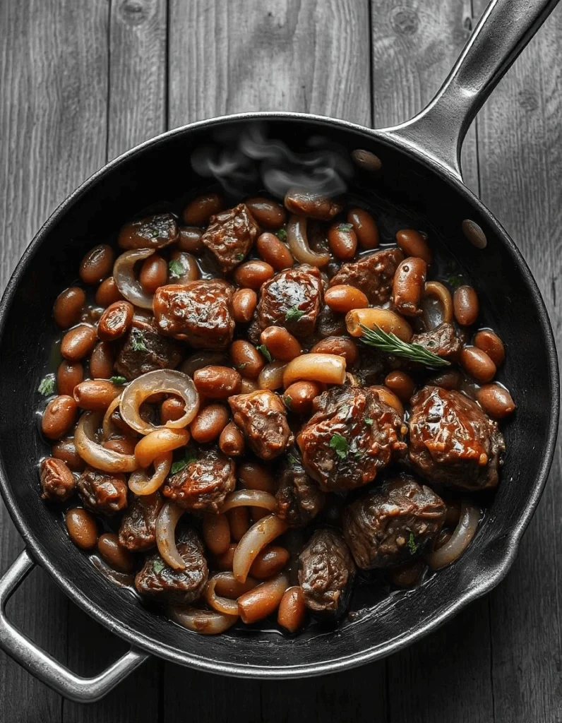 Perfectly presented steak with beans and onions garnished with fresh lime