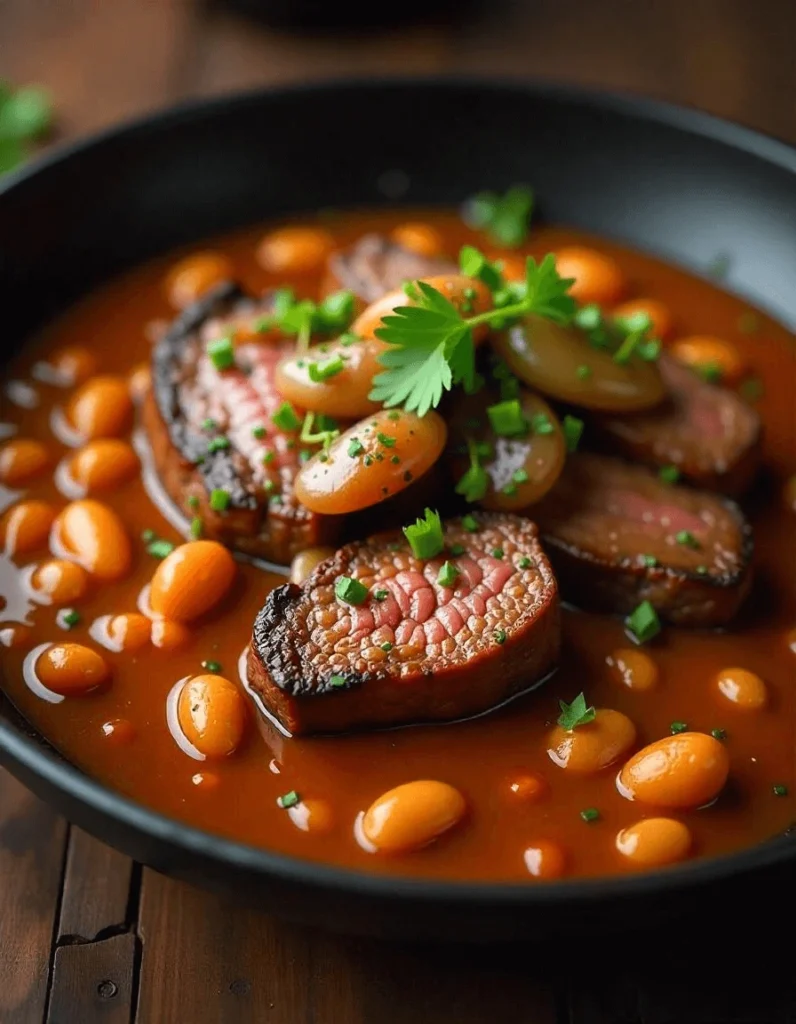 Steak and beans cooking in a skillet with onions