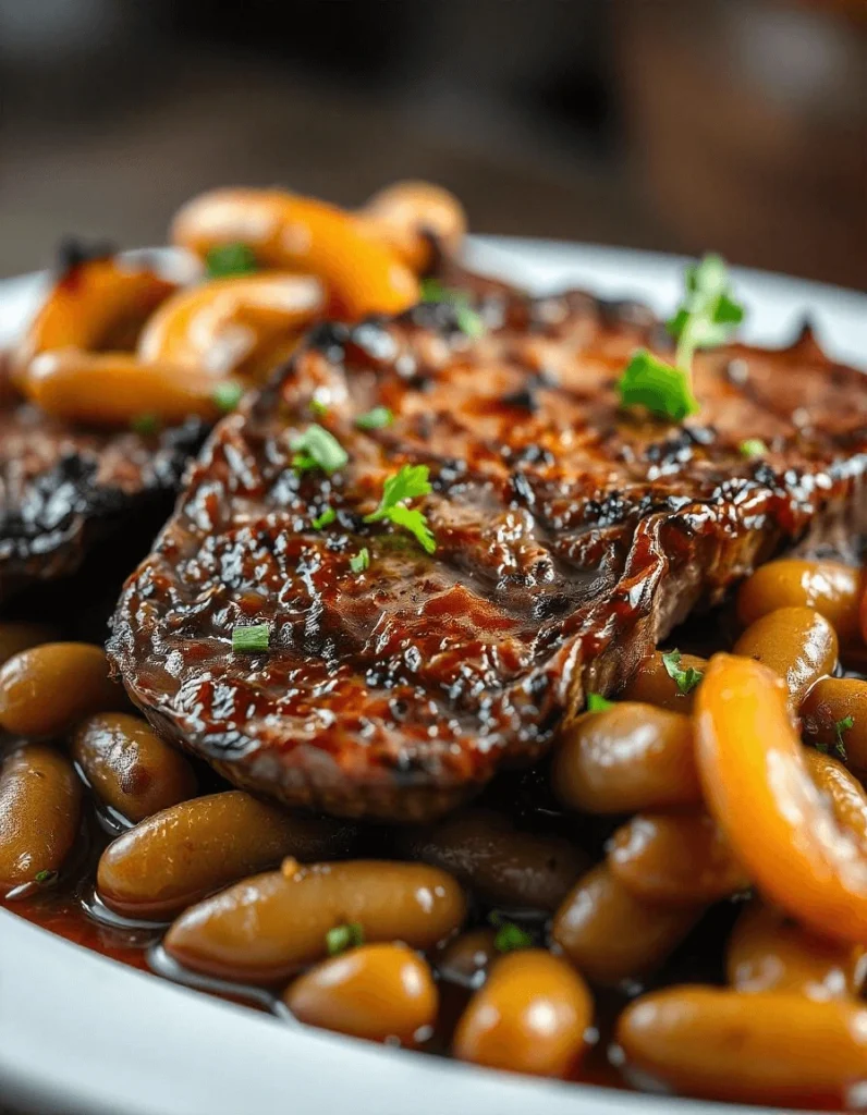 Cooked steak with tender beans and onions, ready to serve