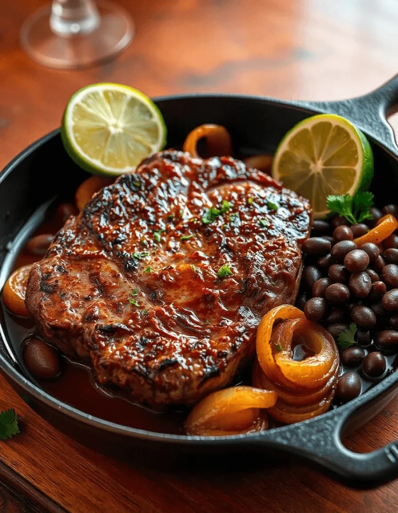 Cooking juicy steak with seasoning on a hot grill