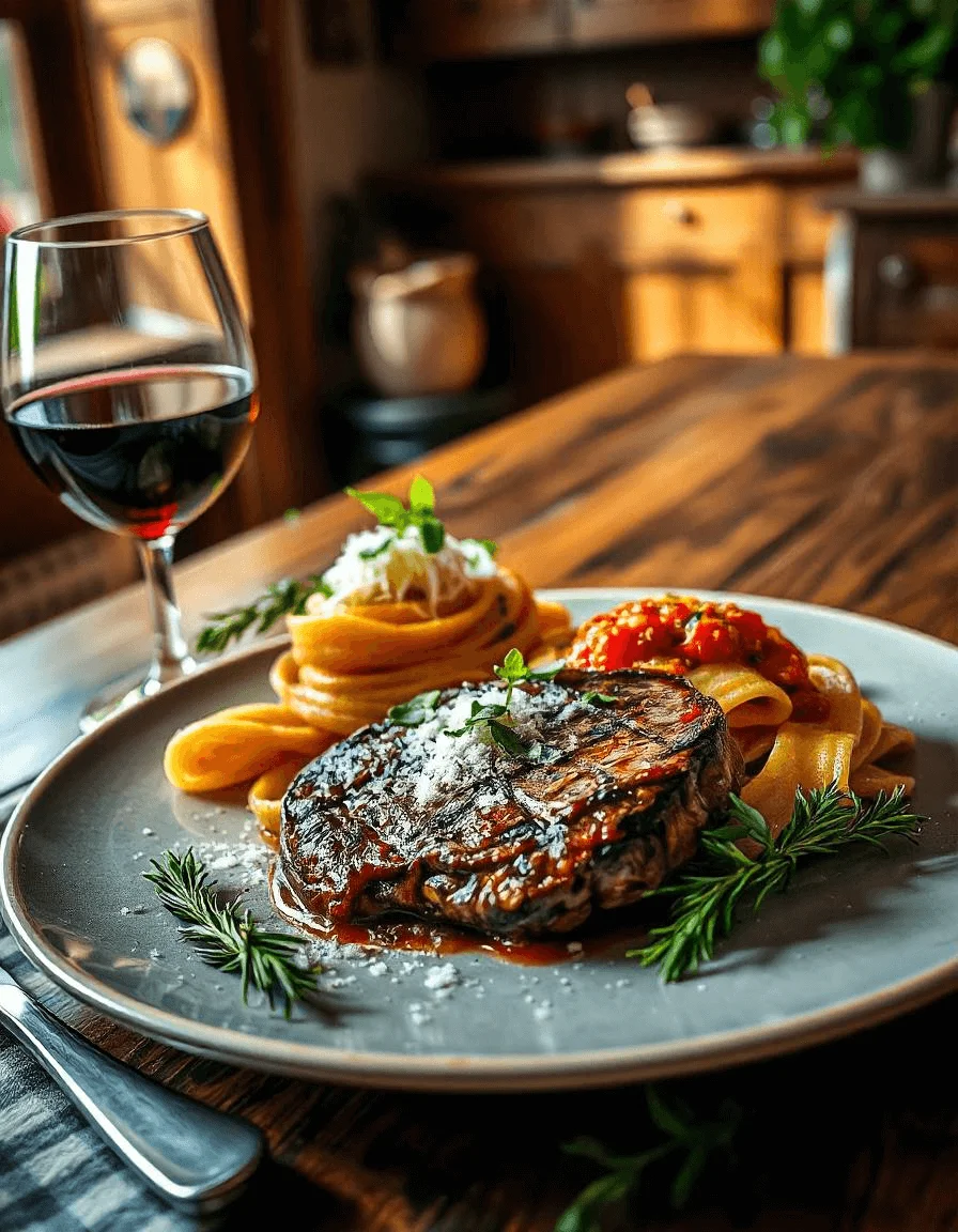 Steak and pasta dish with roasted vegetables