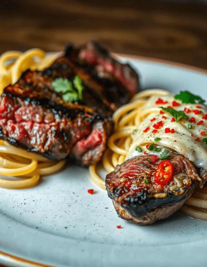 Steak and pasta served on a rustic plate