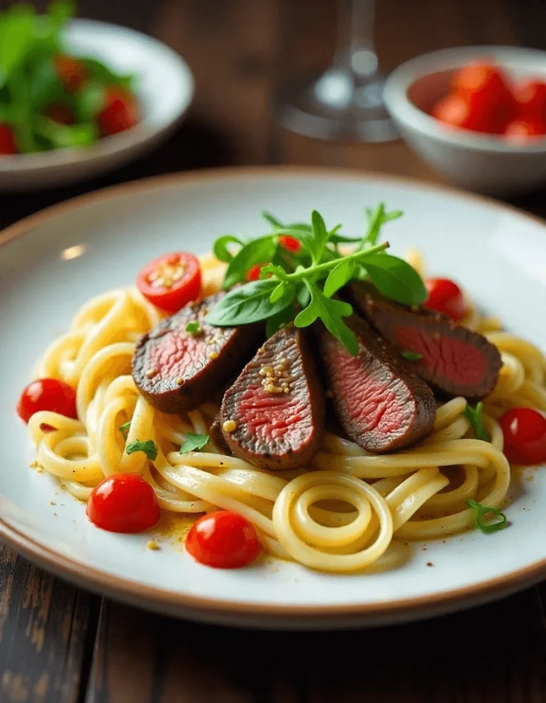 Steak cooking with pasta in a pan