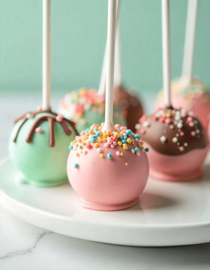 Close-up of Starbucks cake pops with chocolate drizzle