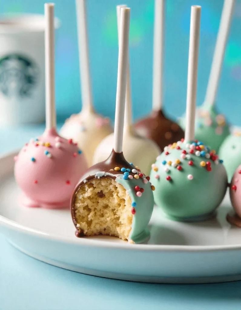 Starbucks-inspired cake pops with colorful coatings