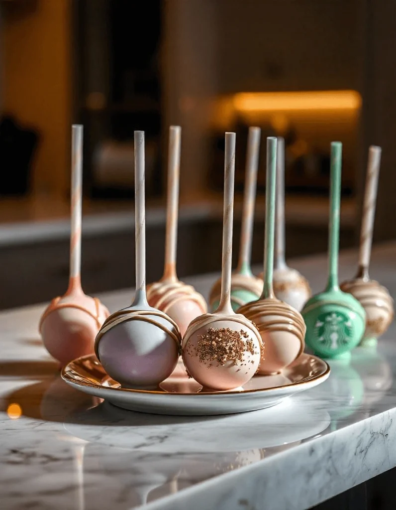 Starbucks cake pops arranged on a fine china plate