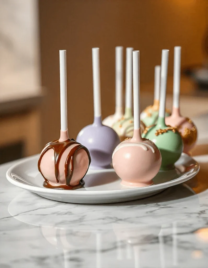 Homemade Starbucks cake pops on a marble countertop