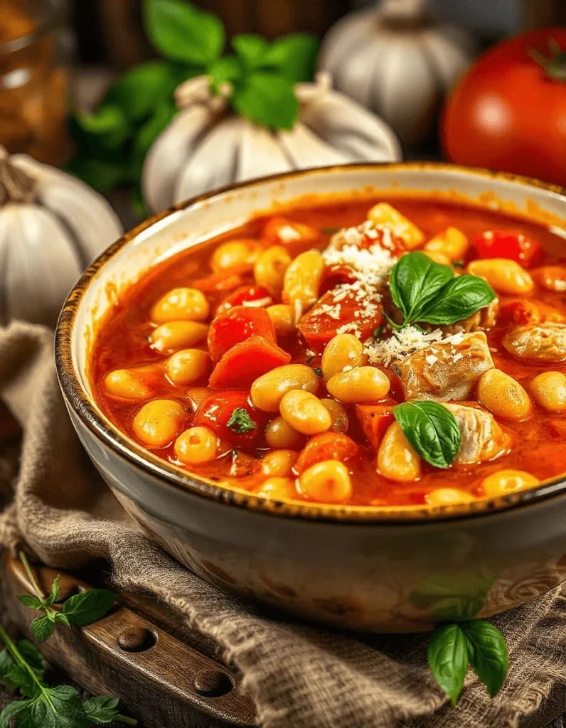 Fresh ingredients, including chicken, beans, tomatoes, and pasta, for a hearty Italian recipe.