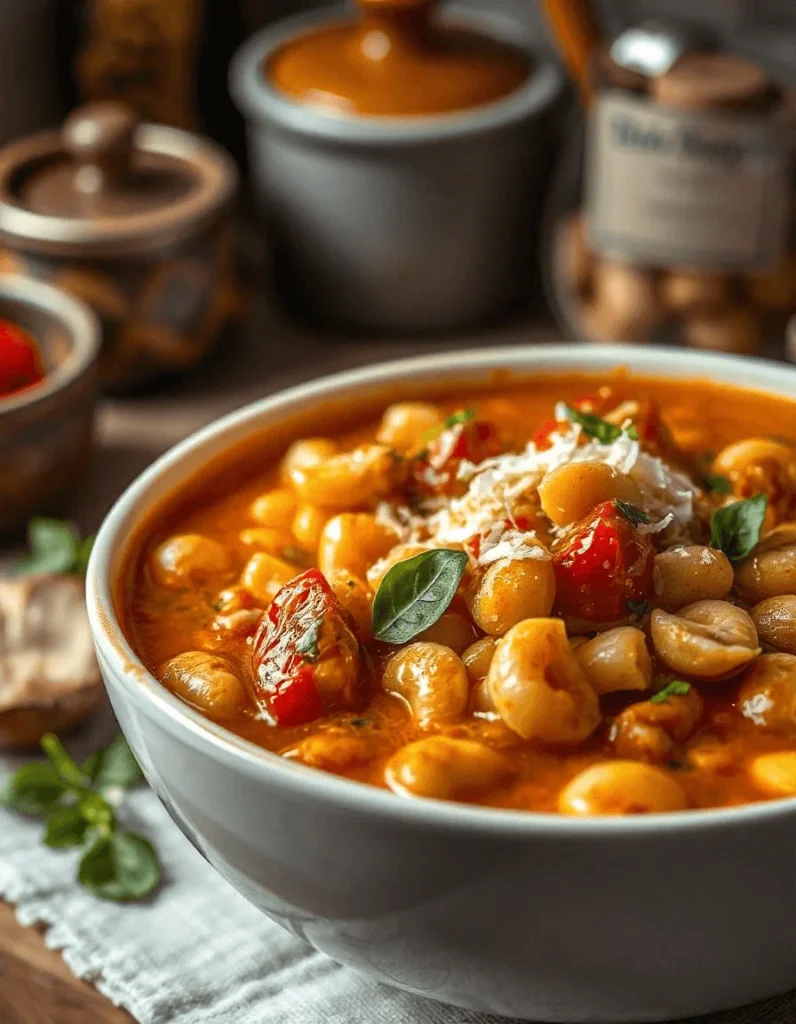 A bowl of pasta fazool served with chicken, topped with fresh herbs and Parmesan cheese.