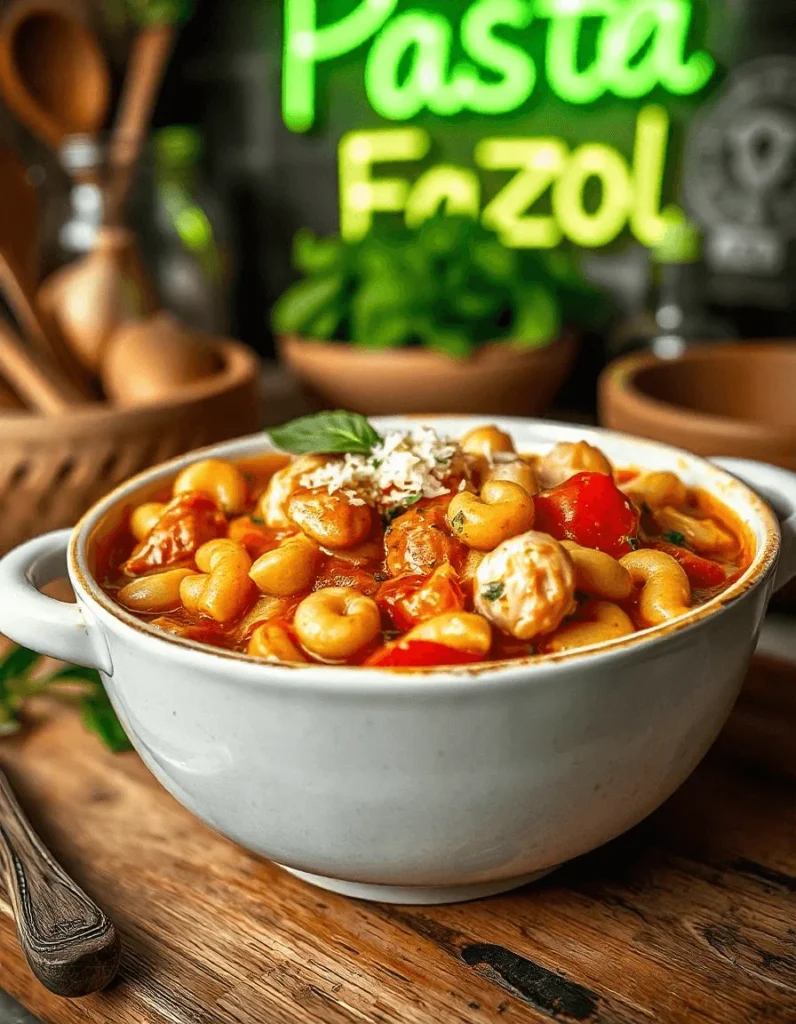 A warm bowl of stew with pasta, chicken, and beans topped with Parmesan cheese.
