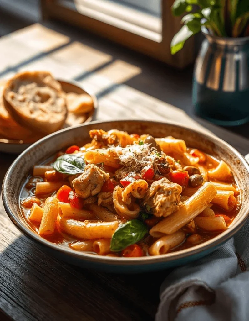 Chicken and beans cooking in a seasoned broth for an Italian-inspired dish.