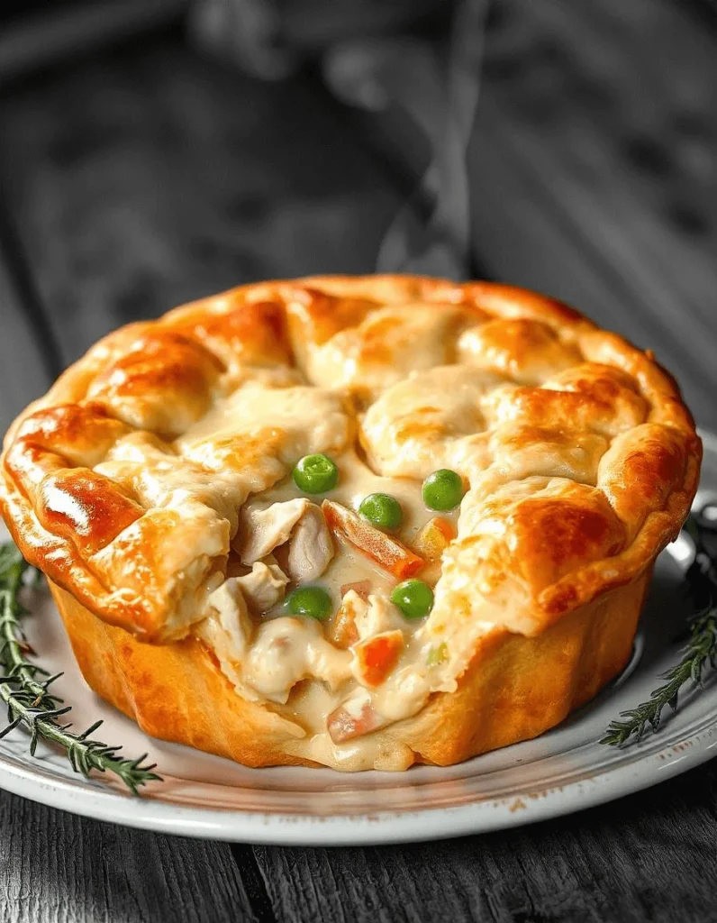 Close-up of creamy chicken pot pie filling with vegetables