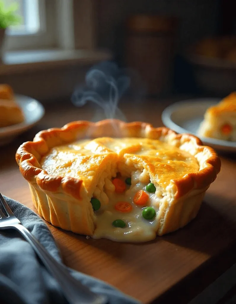 Whole Pillsbury chicken pot pie on wooden kitchen counter