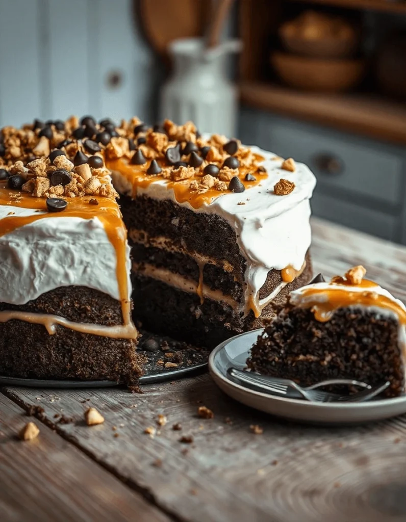 Close-up view of Better Than Sex Cake with layers of caramel and whipped cream