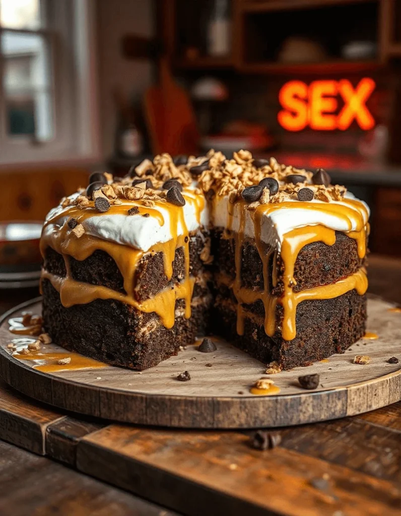 A rich slice of Better Than Sex Cake with chocolate drizzle on top