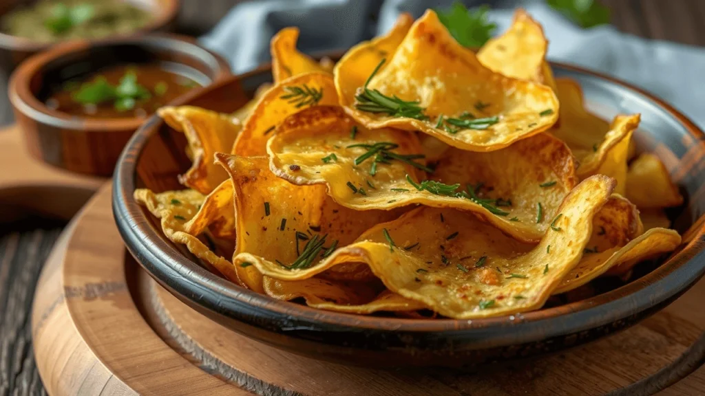 Plate of crunchy chips with a small bowl of spicy sauce