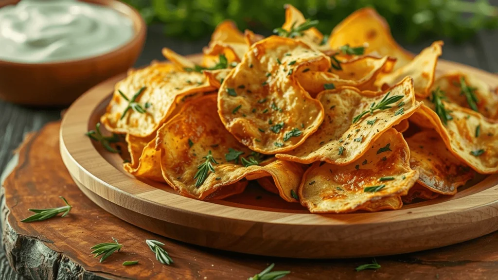 A platter of golden, crispy chips next to a small bowl of ranch sauce