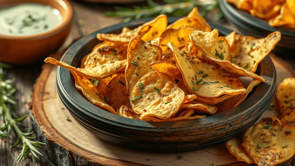 A rustic wooden platter with crispy snack chips and a side of dip