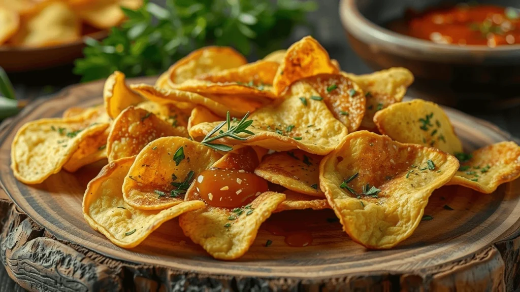 Plate of homemade crispy chips with a bowl of tangy sauce