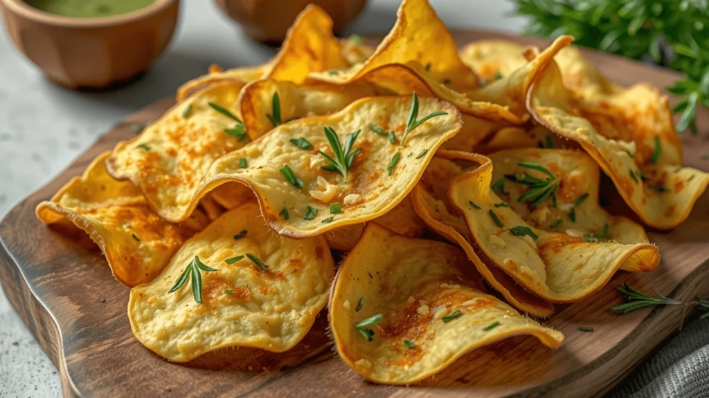 Crispy golden-brown beef chips served on a wooden platter with fresh herbs and dipping sauce