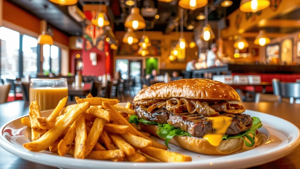 Grilled steak sandwich with fresh toppings at Steak and Hoagie Factory