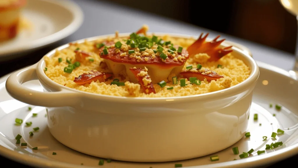 Close-up of crab brulee recipe with golden breadcrumb crust and garnished with chives