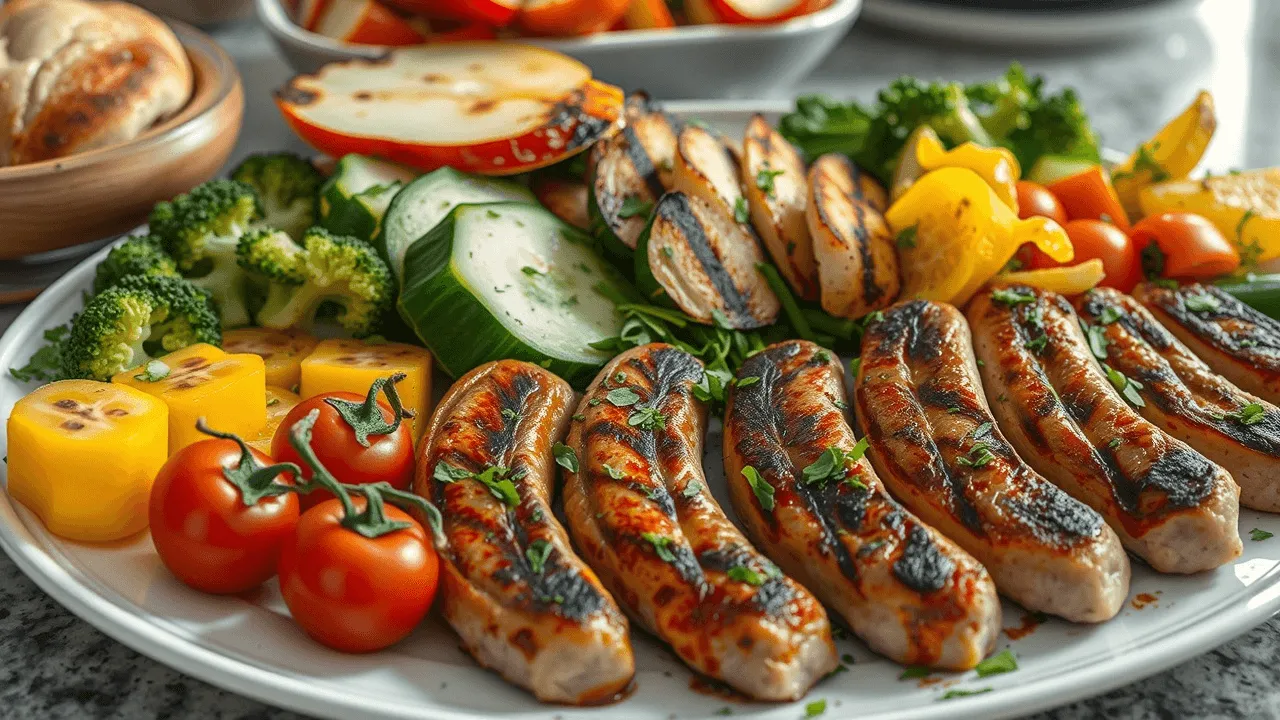 A plate of homemade chicken apple sausage, served with fresh apples and herbs