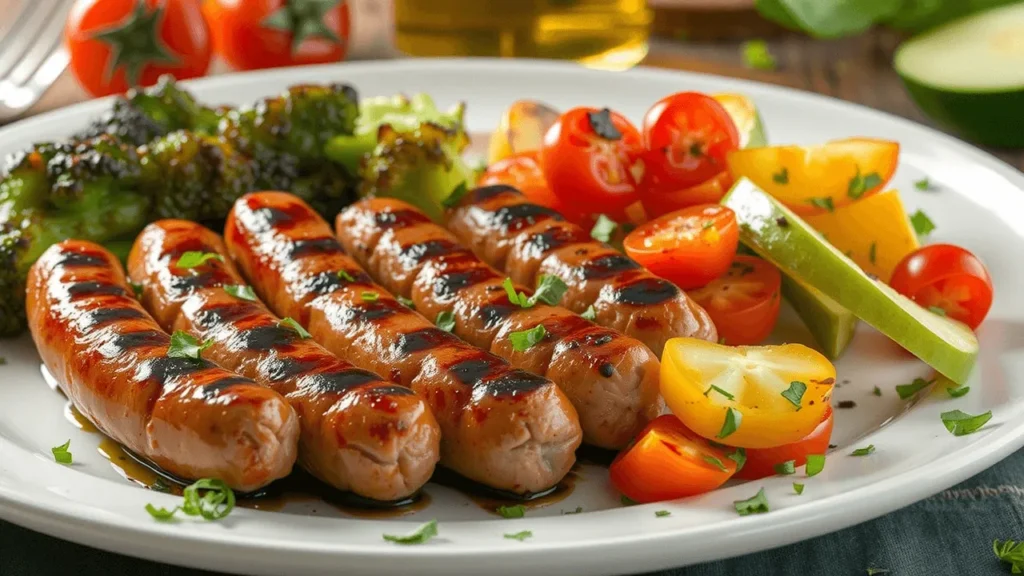 Sausage served alongside roasted vegetables like carrots and broccoli