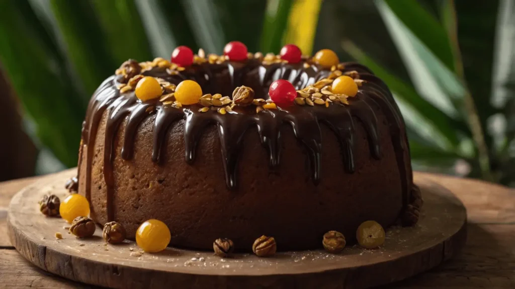 Delicious Caribbean festival rum cake, perfectly glazed and decorated