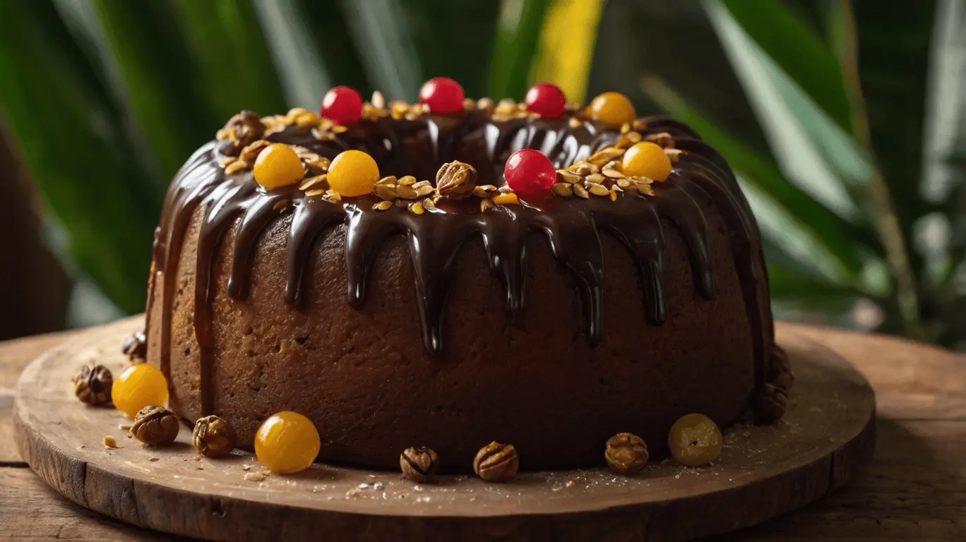 Delicious Caribbean festival rum cake, perfectly glazed and decorated