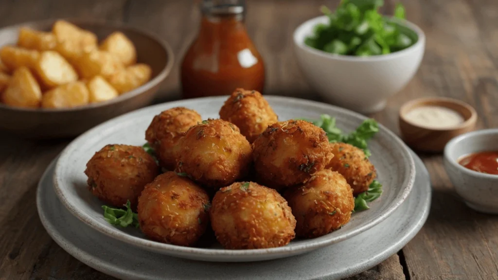 Crispy golden baked chicken bites garnished with fresh parsley and served with dipping sauces.