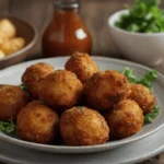 Crispy golden baked chicken bites garnished with fresh parsley and served with dipping sauces.