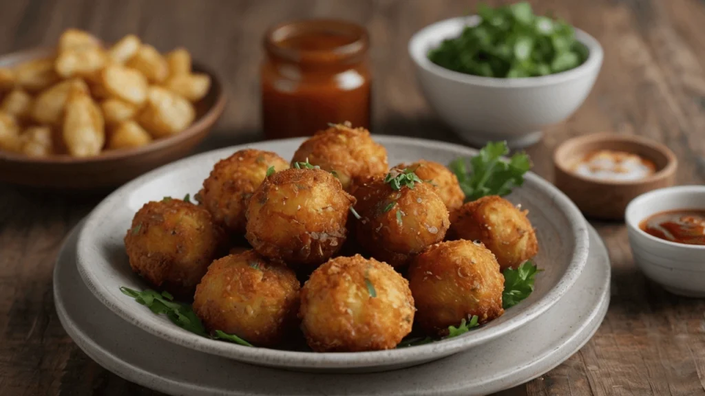 Baked chicken bites served with roasted vegetables and various dipping sauces